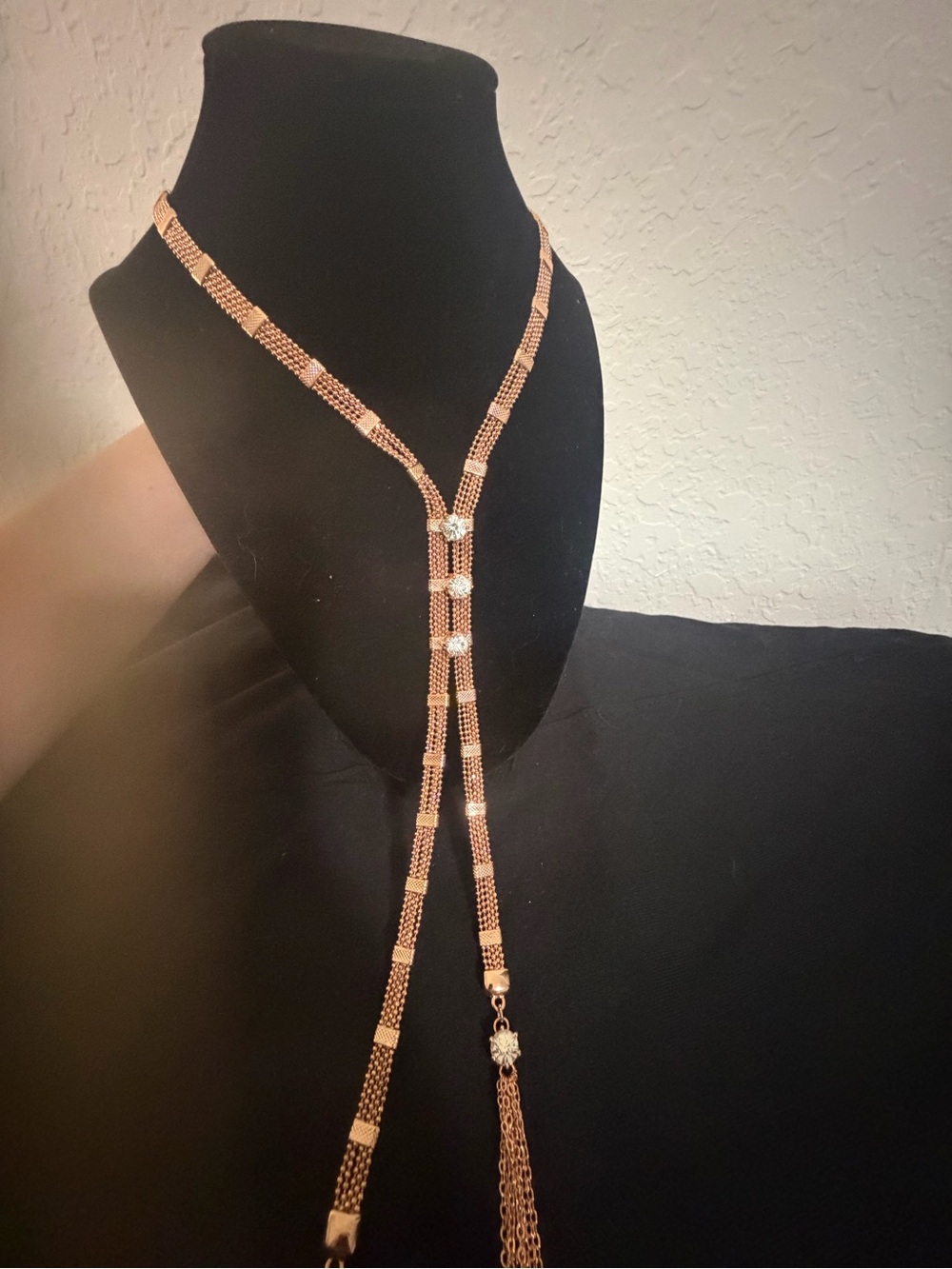 Chico's Rose Gold Lariat Necklace with Crystal Drops